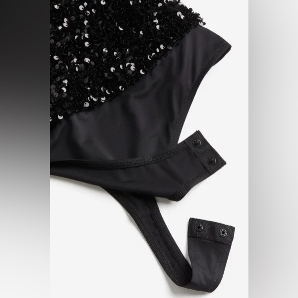 Black Sequinned Deep-Plunge Strapless Bodysuit Small - Picture 4 of 12